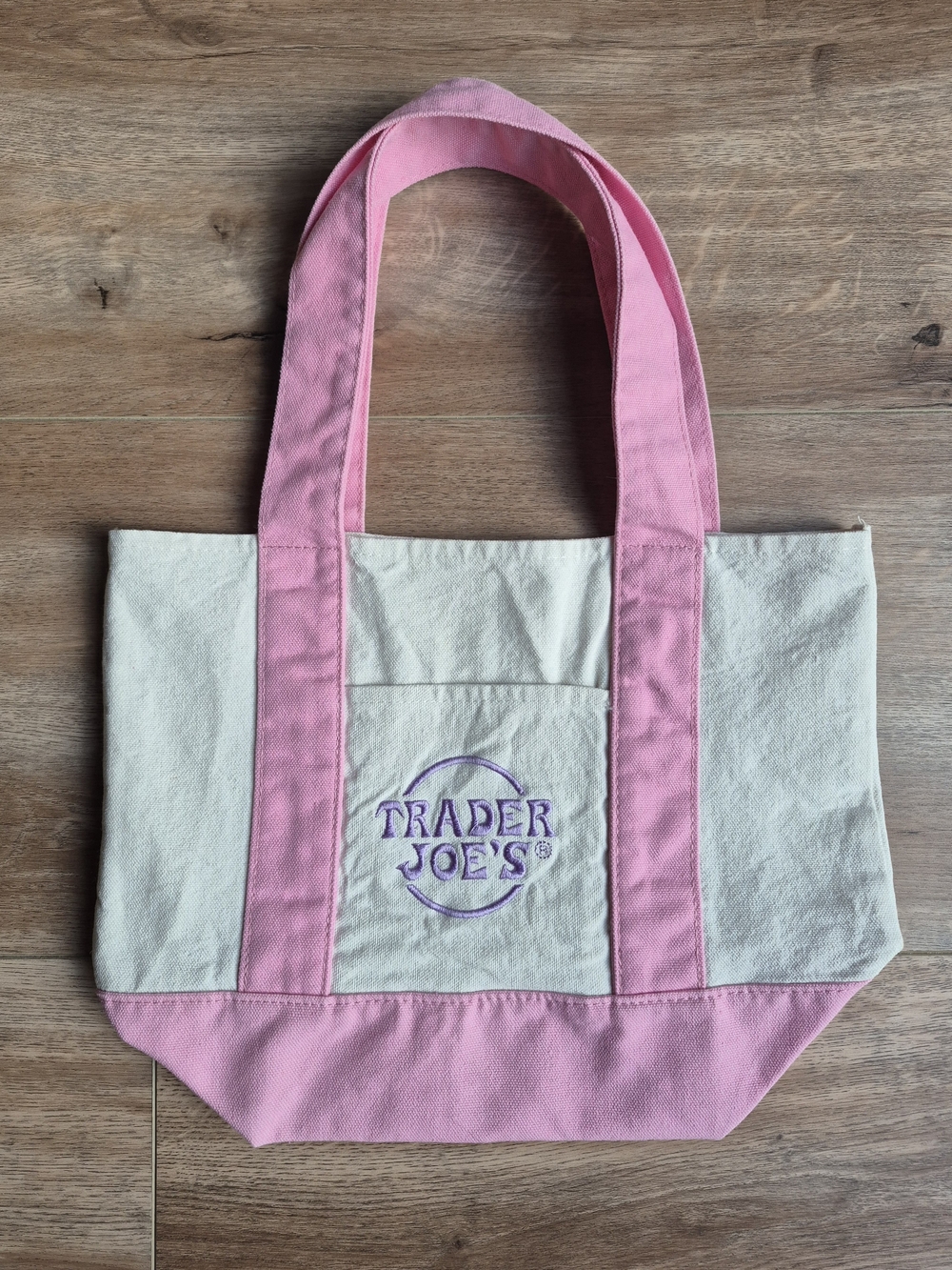 Trader Joe's Small Pink Canvas Tote Bag Embroidered Logo Double Sided